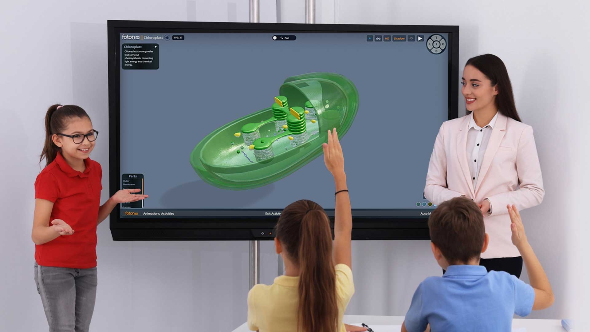 Teacher and students using fotonVR on an interactive flat panel